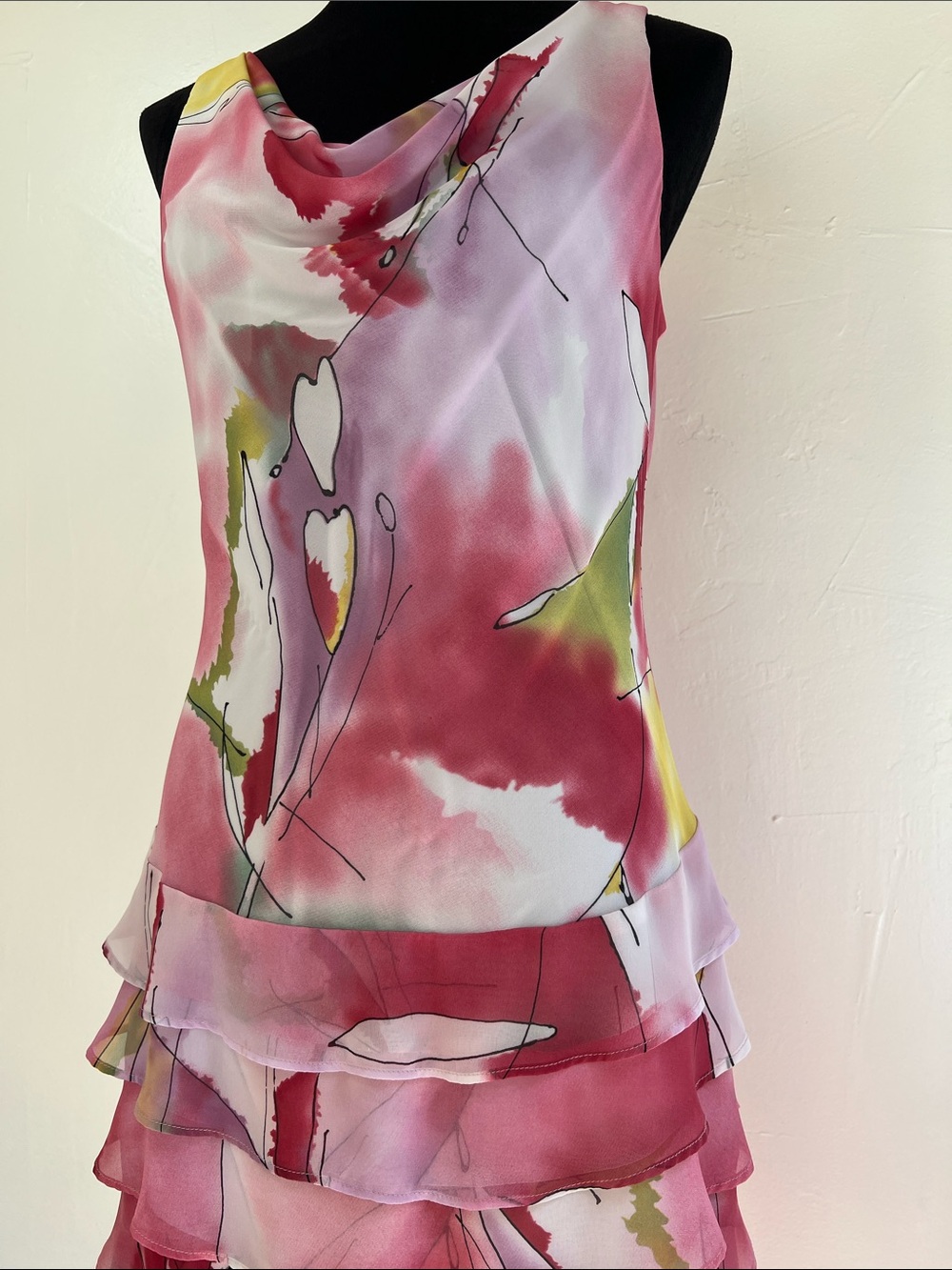 Joseph Ribkoff Pink Floral Tiered Chiffon Cowl Neck Dress 90s fairy whimsical - Picture 6 of 13